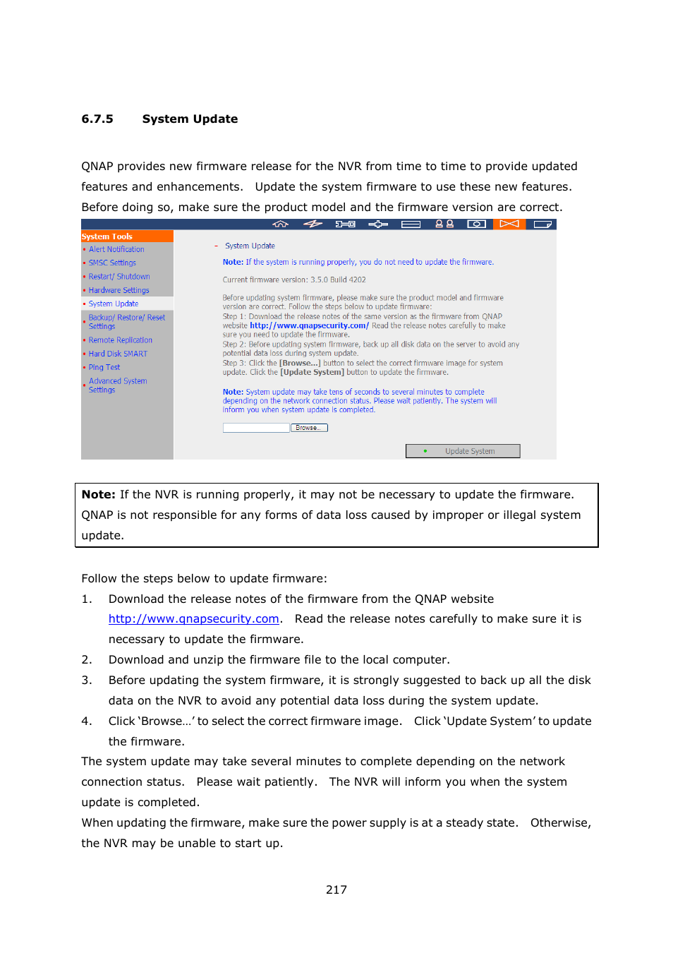 System update | QNAP VS-2004L en User Manual | Page 217 / 265