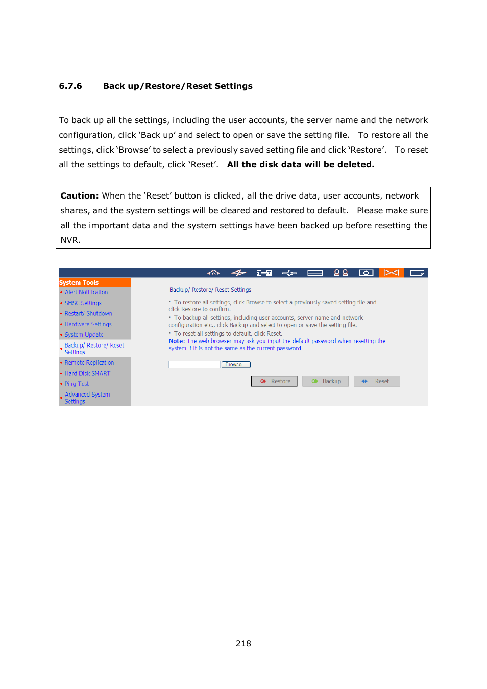 Back up/restore/reset settings | QNAP VS-2004L en User Manual | Page 218 / 265