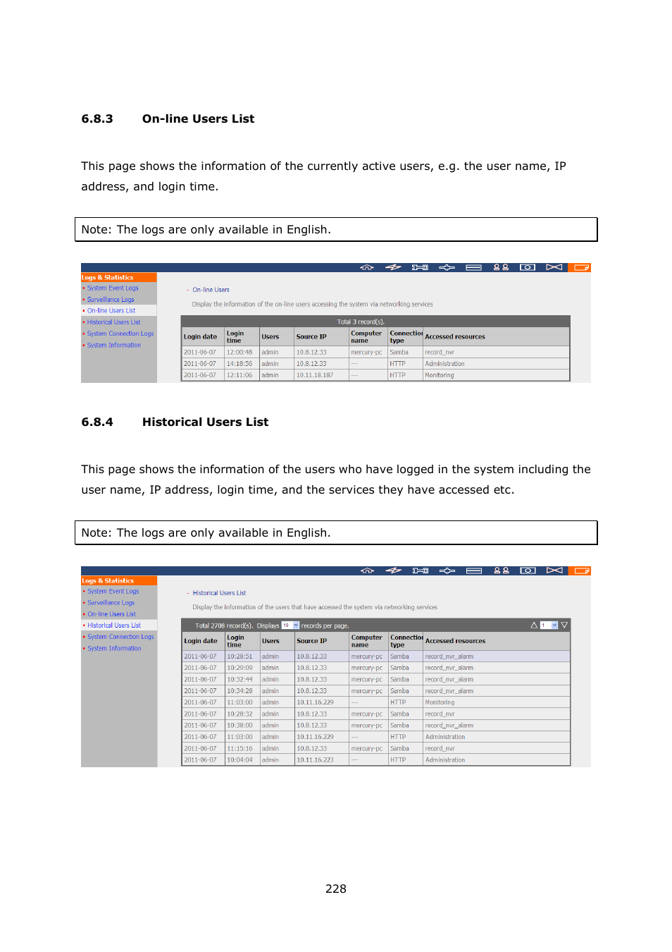 On-line users list, Historical users list | QNAP VS-2004L en User Manual | Page 228 / 265