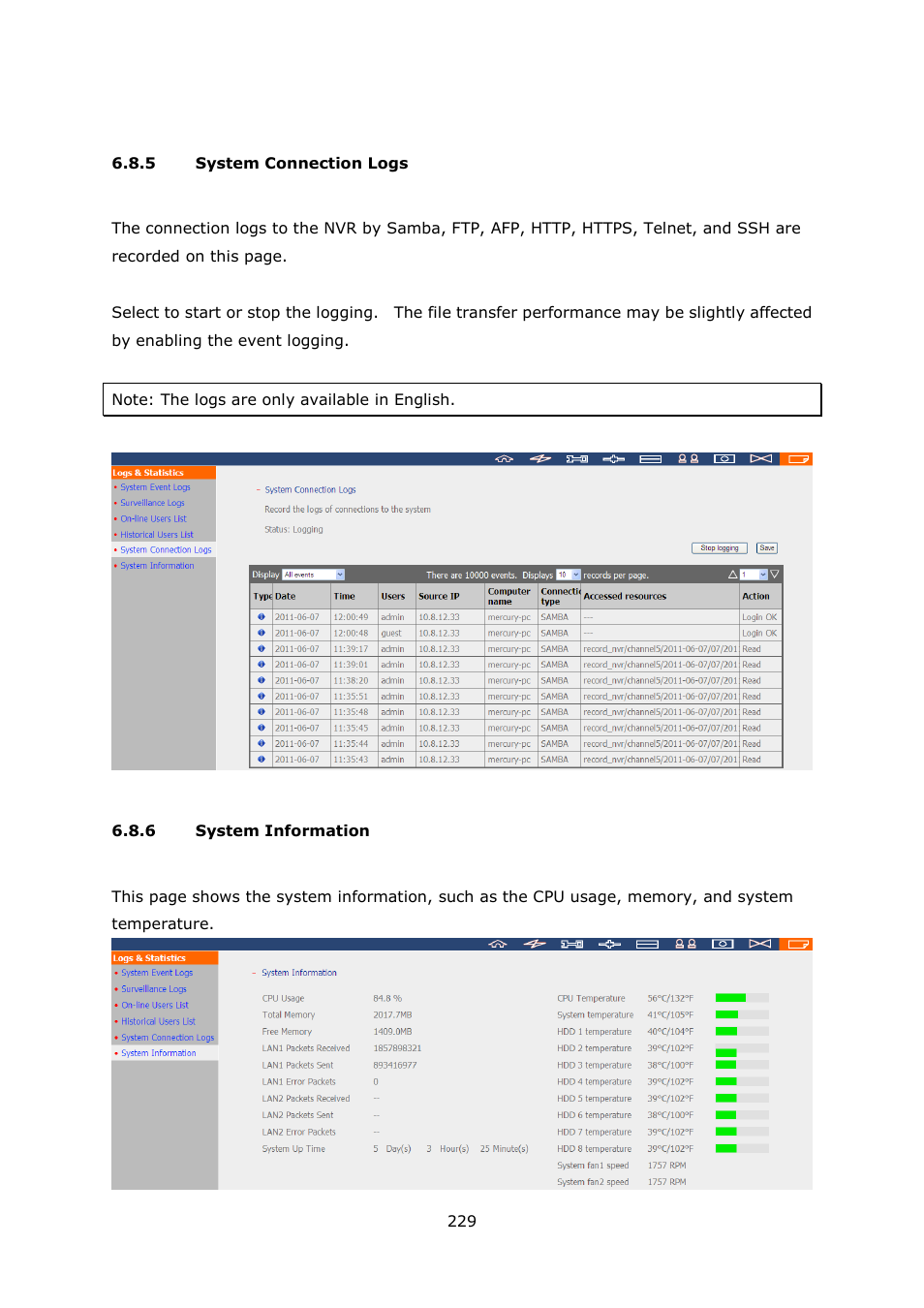 System connection logs, System information | QNAP VS-2004L en User Manual | Page 229 / 265