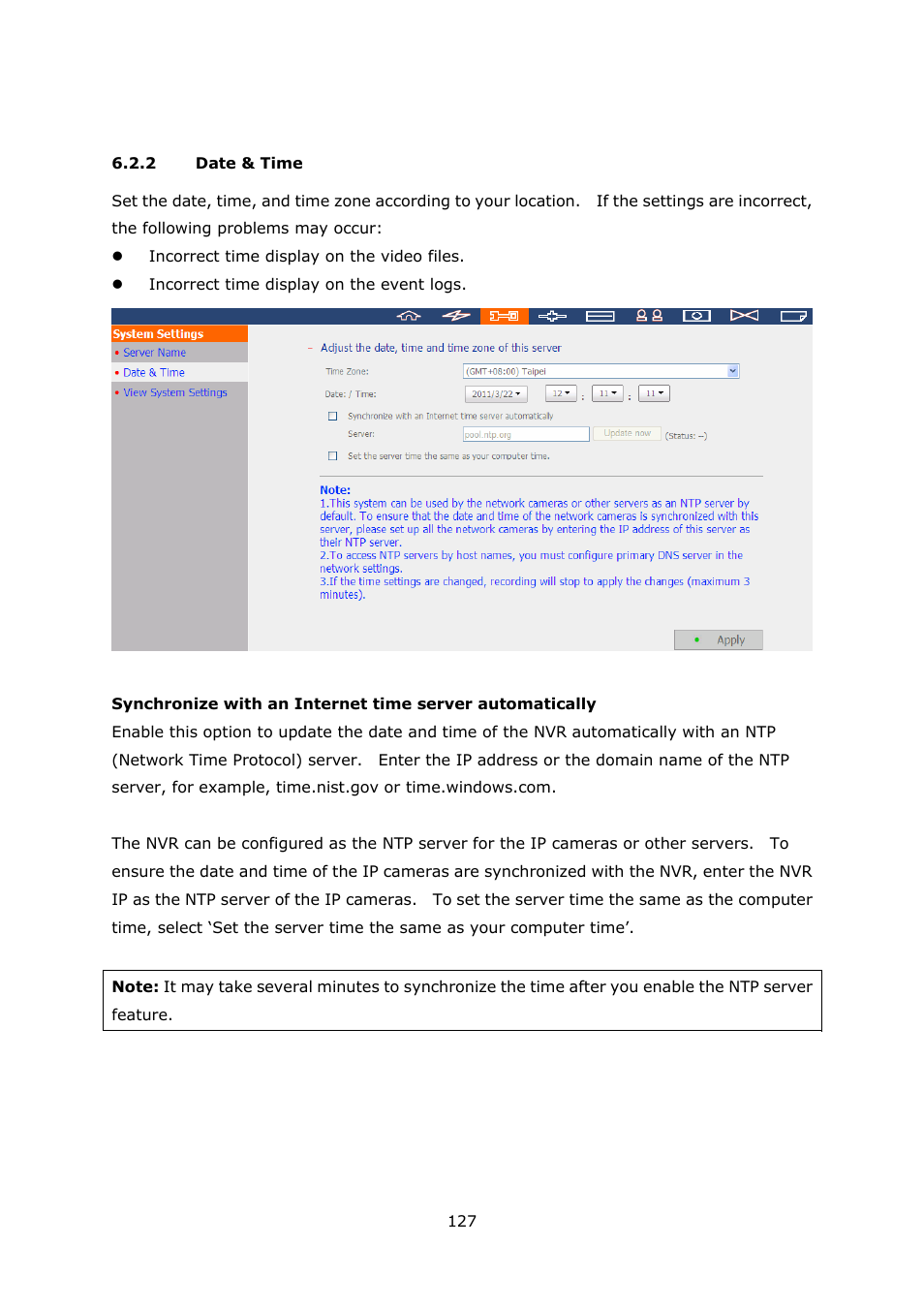 2 date & time, Date & time | QNAP Security VioStor NVR (Version: 3.3.2) User Manual | Page 127 / 235