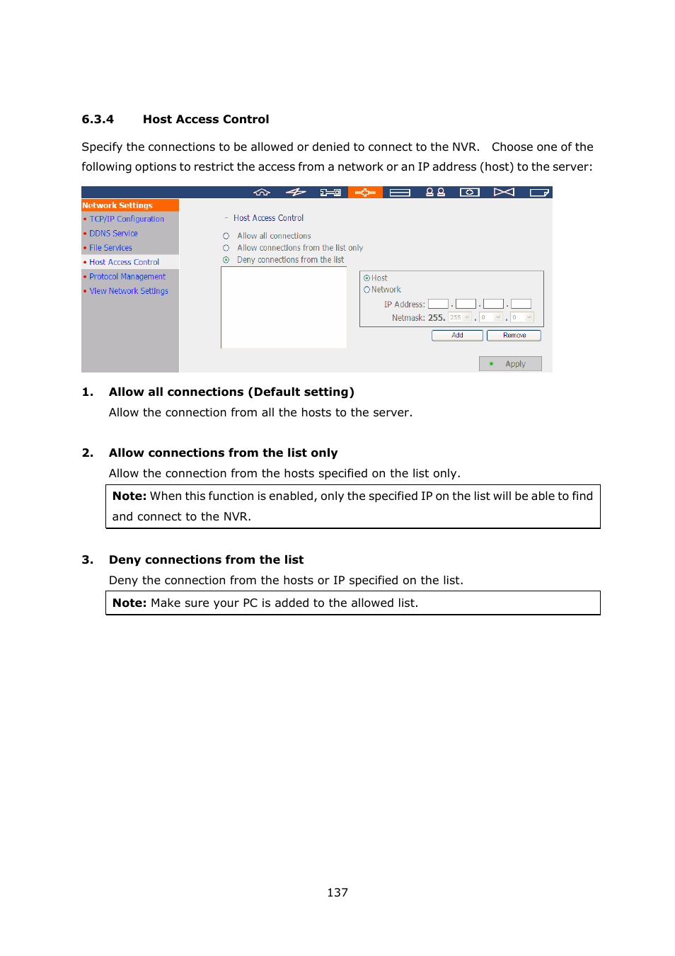 4 host access control, Host access control | QNAP Security VioStor NVR (Version: 3.3.2) User Manual | Page 137 / 235