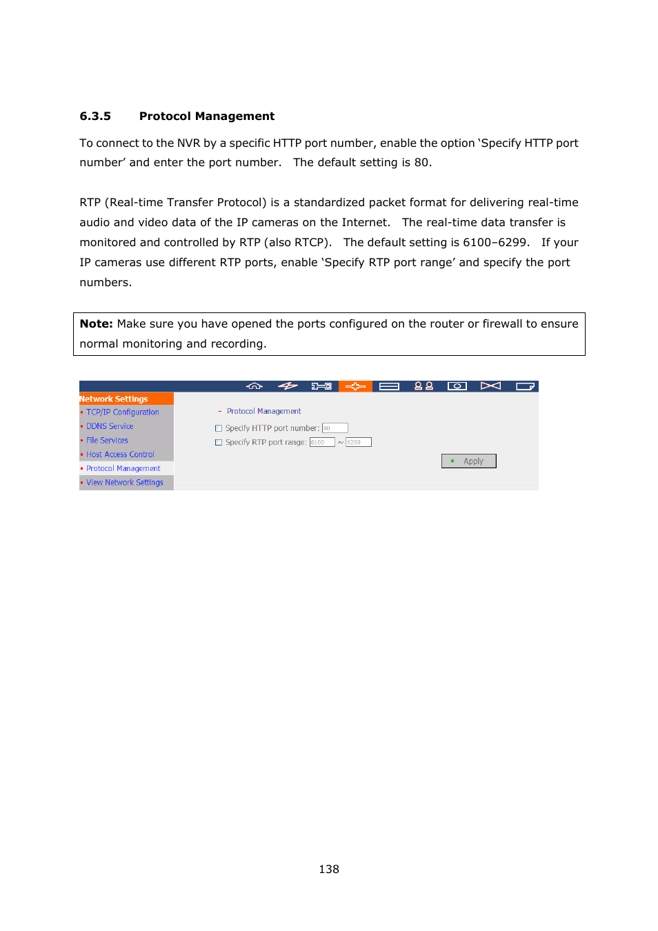 5 protocol management, Protocol management | QNAP Security VioStor NVR (Version: 3.3.2) User Manual | Page 138 / 235