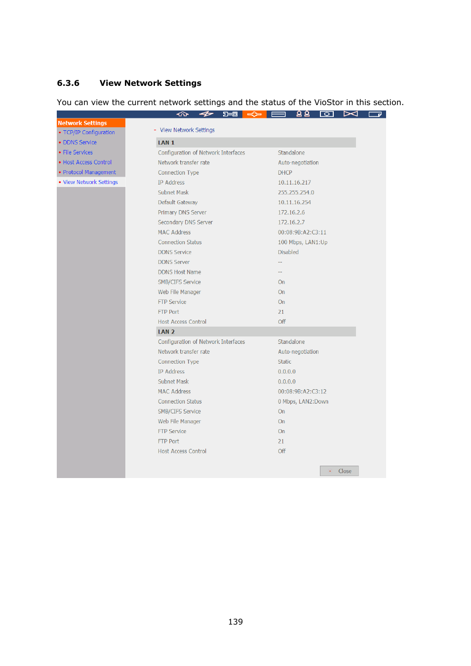 6 view network settings, View network settings | QNAP Security VioStor NVR (Version: 3.3.2) User Manual | Page 139 / 235