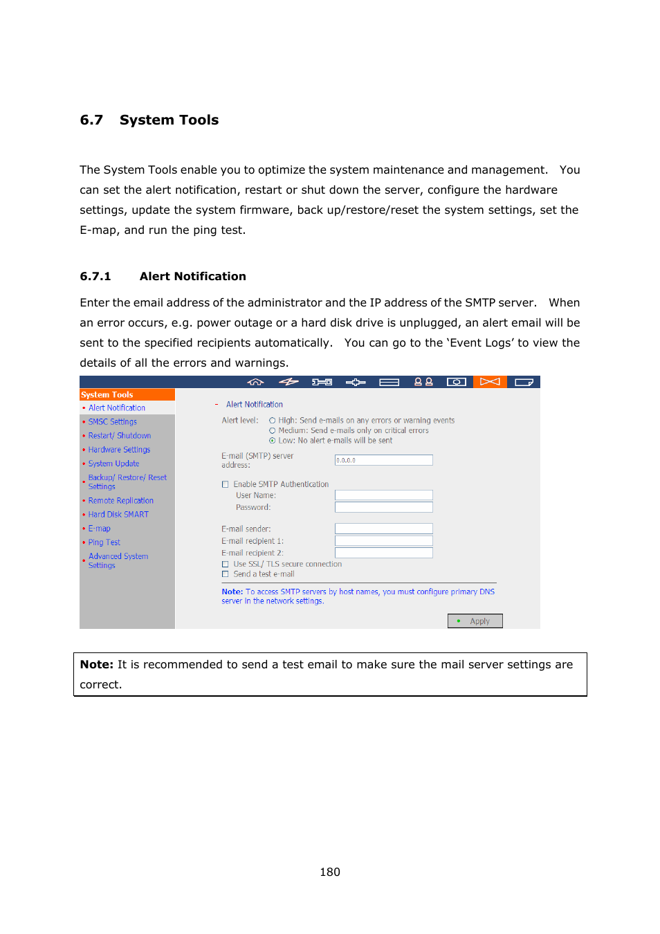 7 system tools, 1 alert notification, Ystem | Ools, Alert notification | QNAP Security VioStor NVR (Version: 3.3.2) User Manual | Page 180 / 235