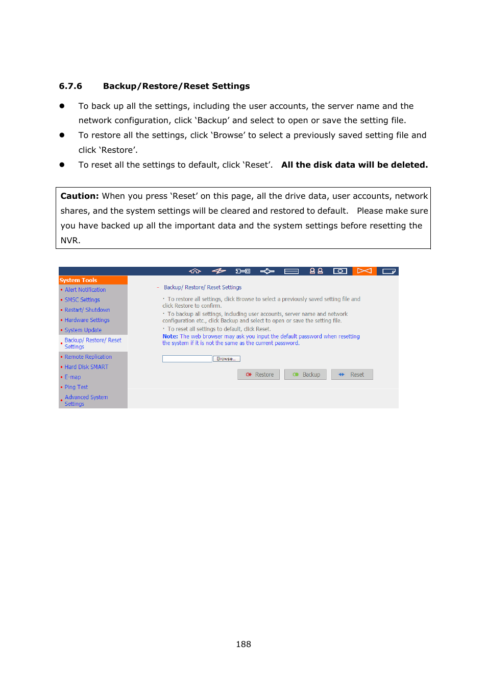 6 backup/restore/reset settings, Backup/restore/reset settings | QNAP Security VioStor NVR (Version: 3.3.2) User Manual | Page 188 / 235