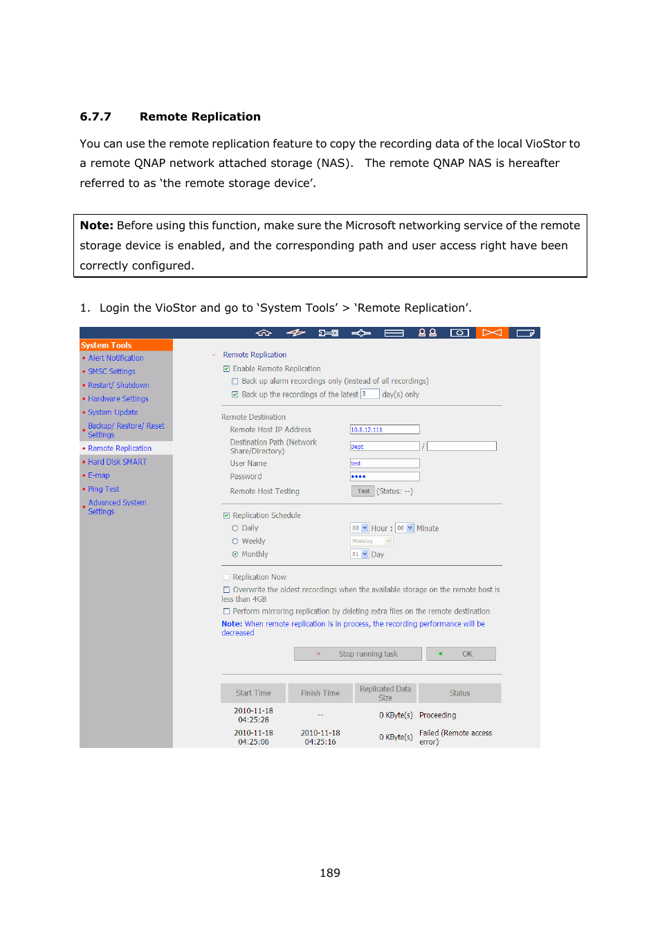 7 remote replication, Remote replication | QNAP Security VioStor NVR (Version: 3.3.2) User Manual | Page 189 / 235