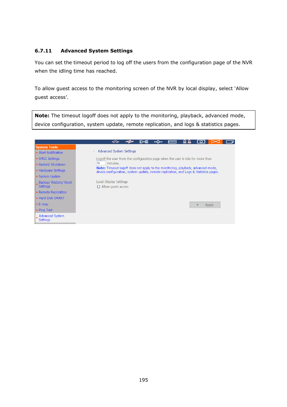 11 advanced system settings, Advanced system settings | QNAP Security VioStor NVR (Version: 3.3.2) User Manual | Page 195 / 235