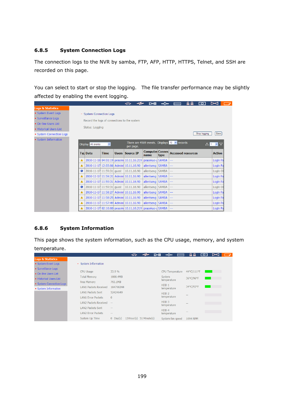 5 system connection logs, 6 system information, System connection logs | System information | QNAP Security VioStor NVR (Version: 3.3.2) User Manual | Page 199 / 235