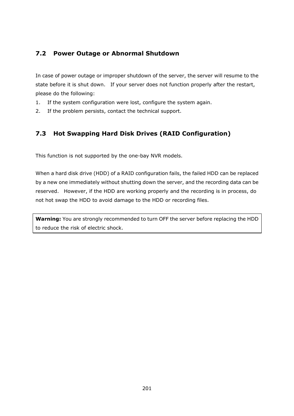 2 power outage or abnormal shutdown, Ower, Utage or | Bnormal, Hutdown, Wapping, Rives, Raid, Onfiguration | QNAP Security VioStor NVR (Version: 3.3.2) User Manual | Page 201 / 235