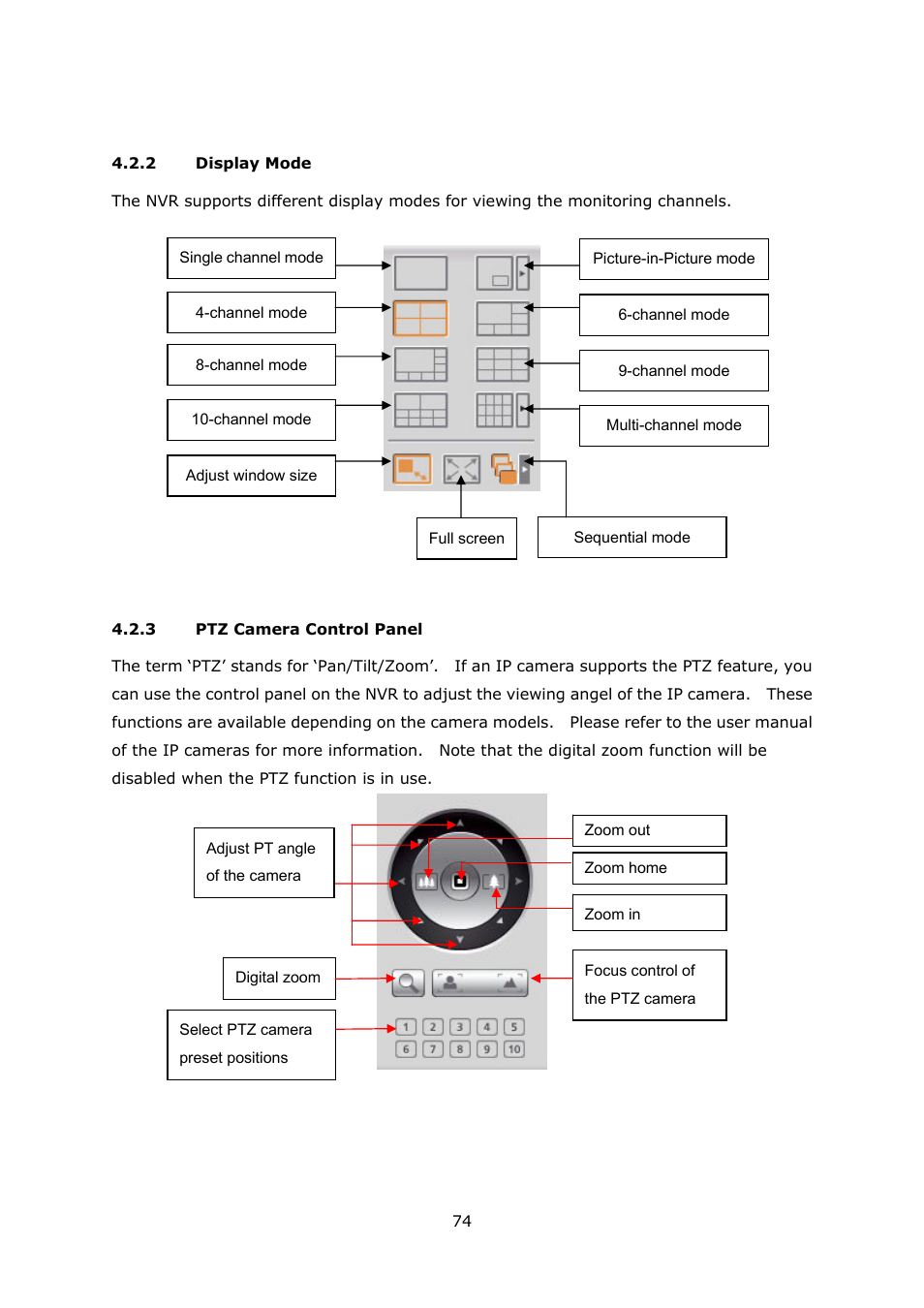 2 display mode, 3 ptz camera control panel, Display mode | Ptz camera control panel | QNAP Security VioStor NVR (Version: 3.3.2) User Manual | Page 74 / 235
