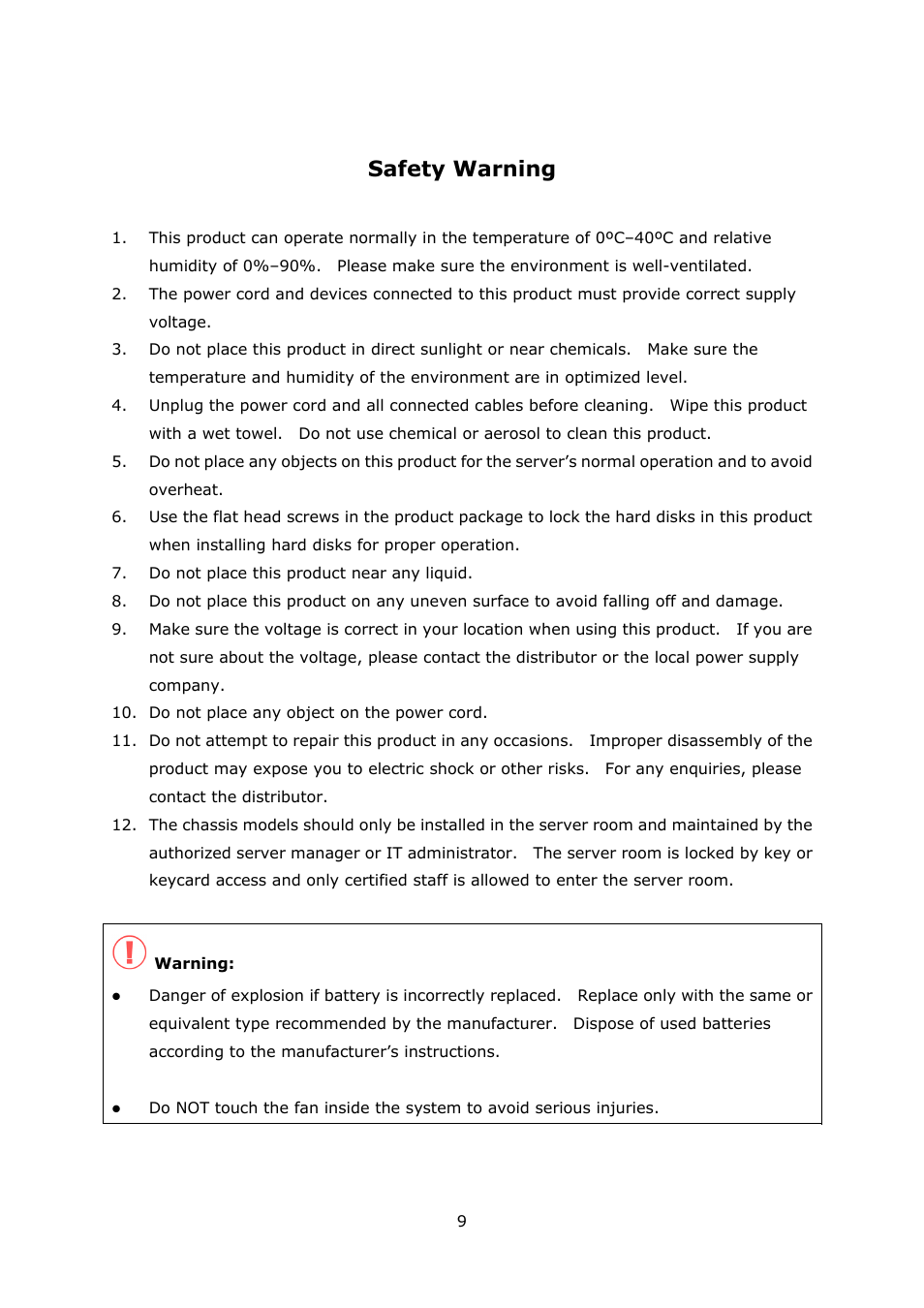 Safety warning | QNAP Security VioStor NVR (Version: 3.3.2) User Manual | Page 9 / 235
