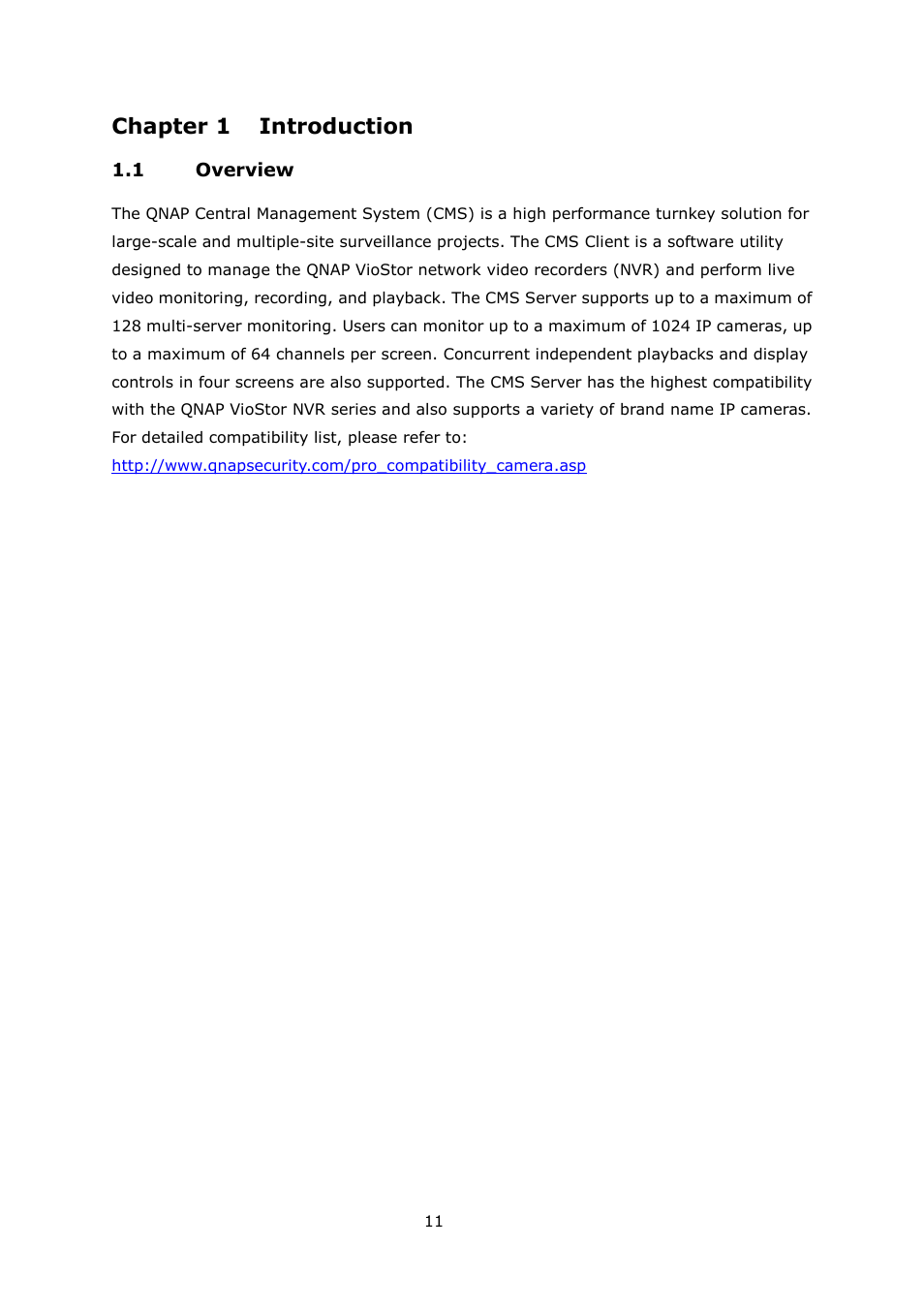 Chapter 1, Introduction, Verview | Chapter 1 introduction | QNAP Security VioStor CMS (Version: 1.0.1) User Manual | Page 11 / 204