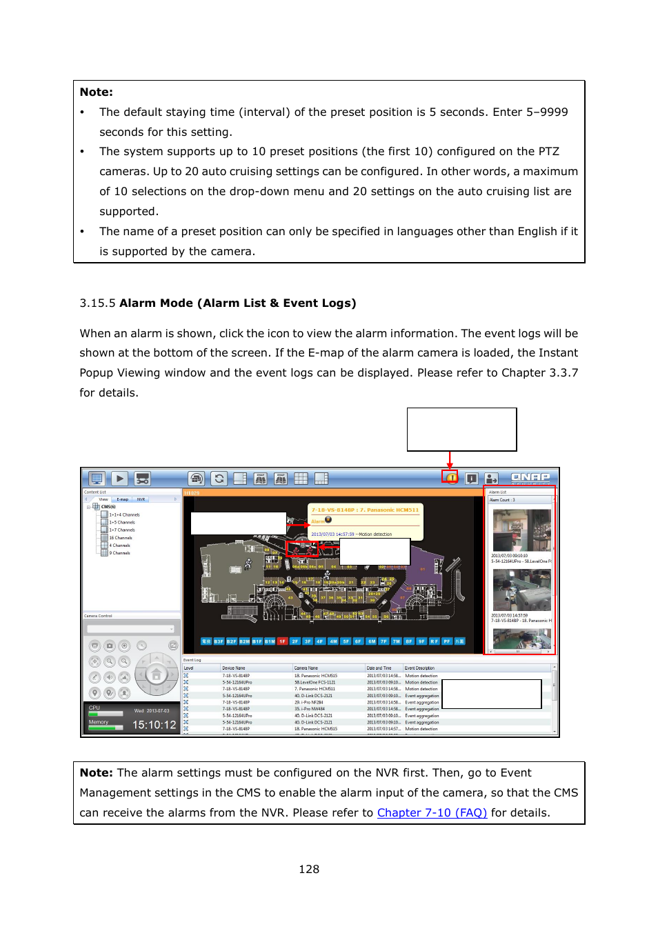 Larm, Vent | QNAP Security VioStor CMS (Version: 1.0.1) User Manual | Page 128 / 204