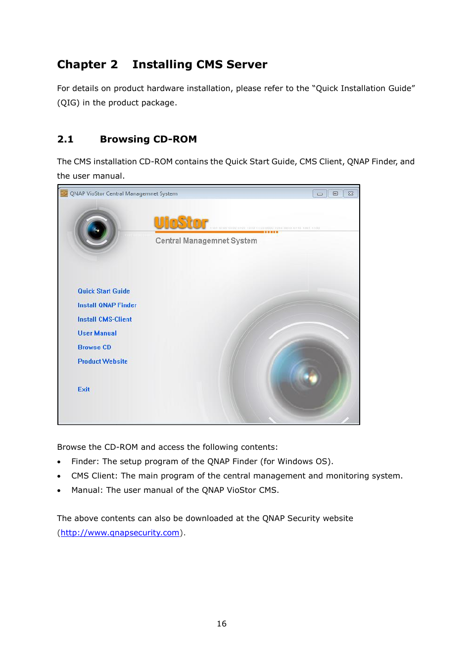 Chapter 2, Installing cms server, Rowsing | Cd-rom, Chapter 2 installing cms server | QNAP Security VioStor CMS (Version: 1.0.1) User Manual | Page 16 / 204