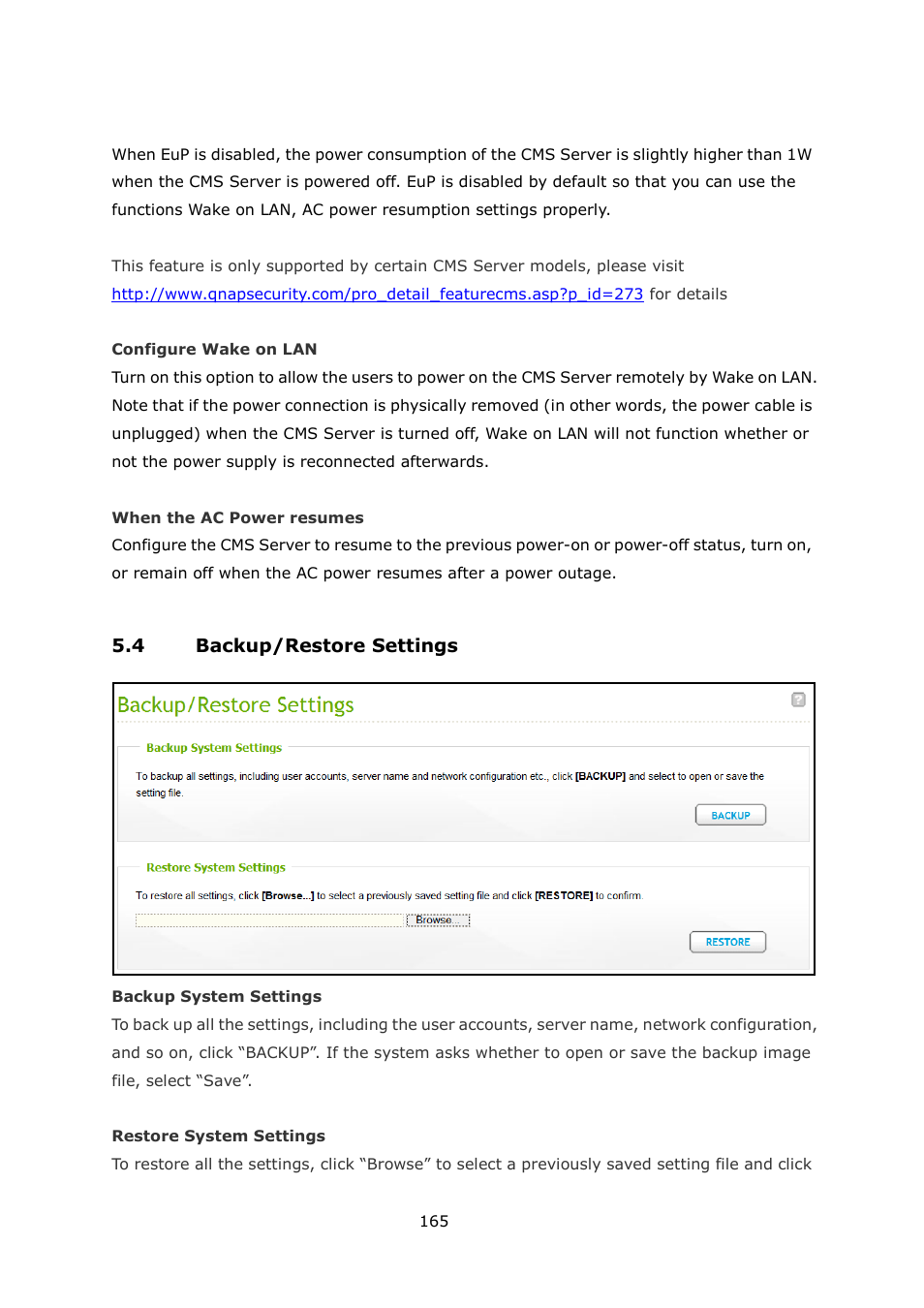 Ackup, Estore, Ettings | 4 backup/restore settings | QNAP Security VioStor CMS (Version: 1.0.1) User Manual | Page 165 / 204