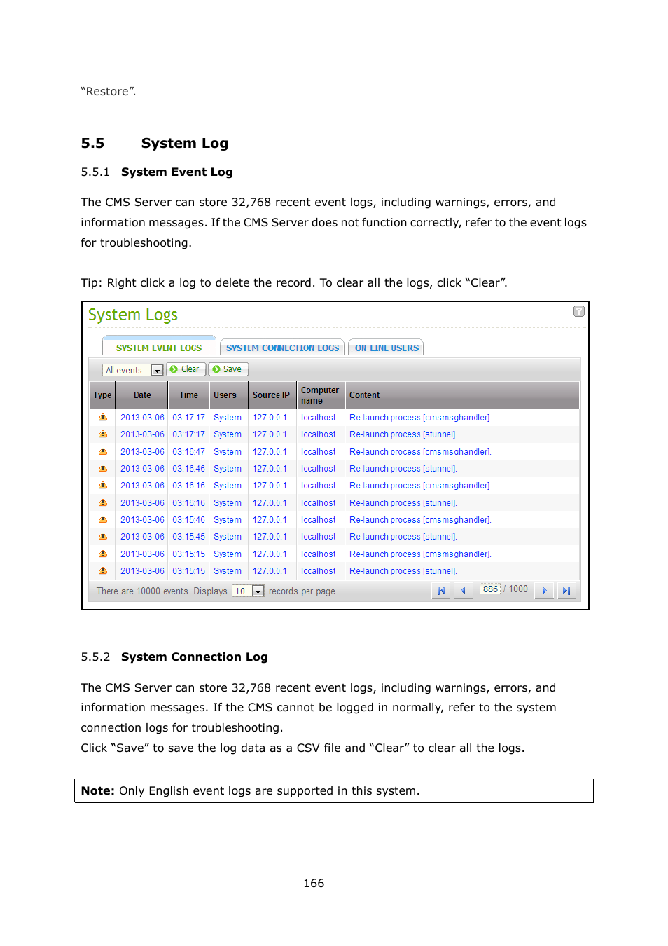 Ystem, Vent, Onnection | 5 system log | QNAP Security VioStor CMS (Version: 1.0.1) User Manual | Page 166 / 204