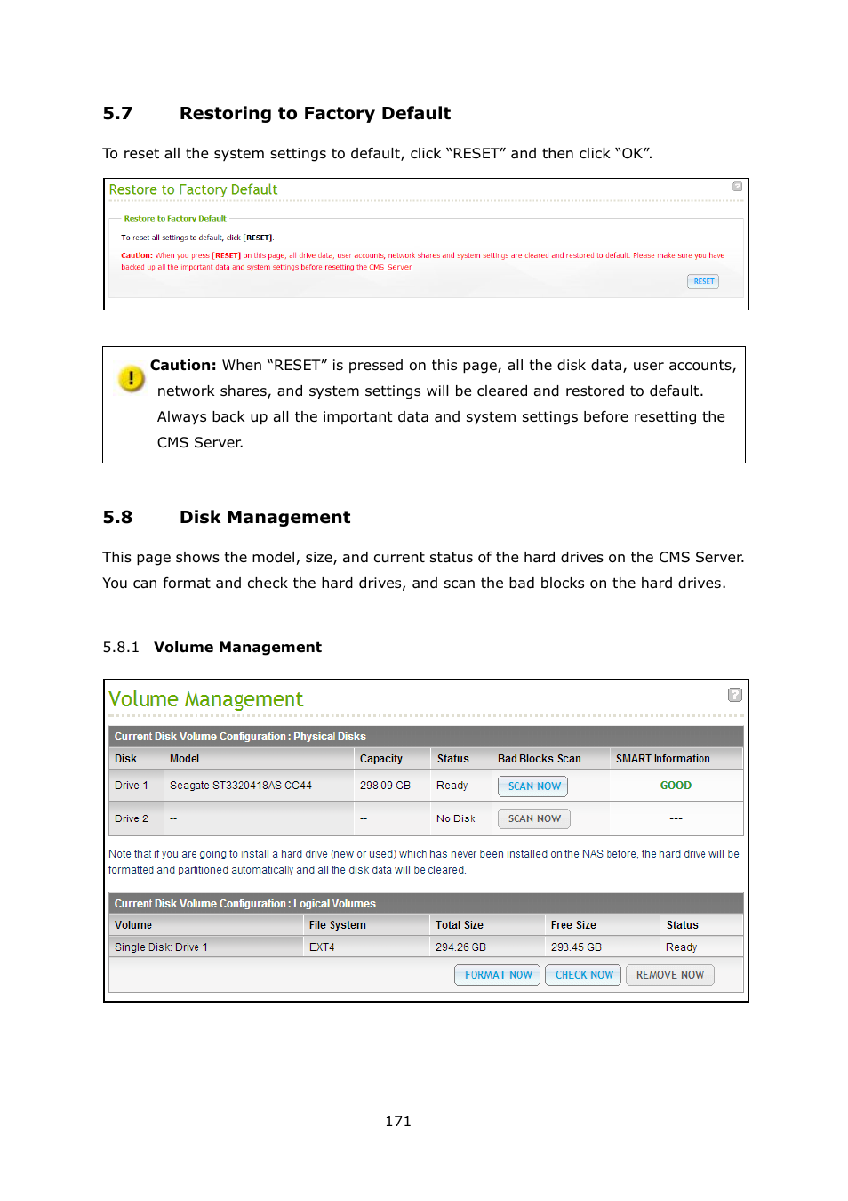 Estoring to, Actory, Efault | Anagement, Olume | QNAP Security VioStor CMS (Version: 1.0.1) User Manual | Page 171 / 204