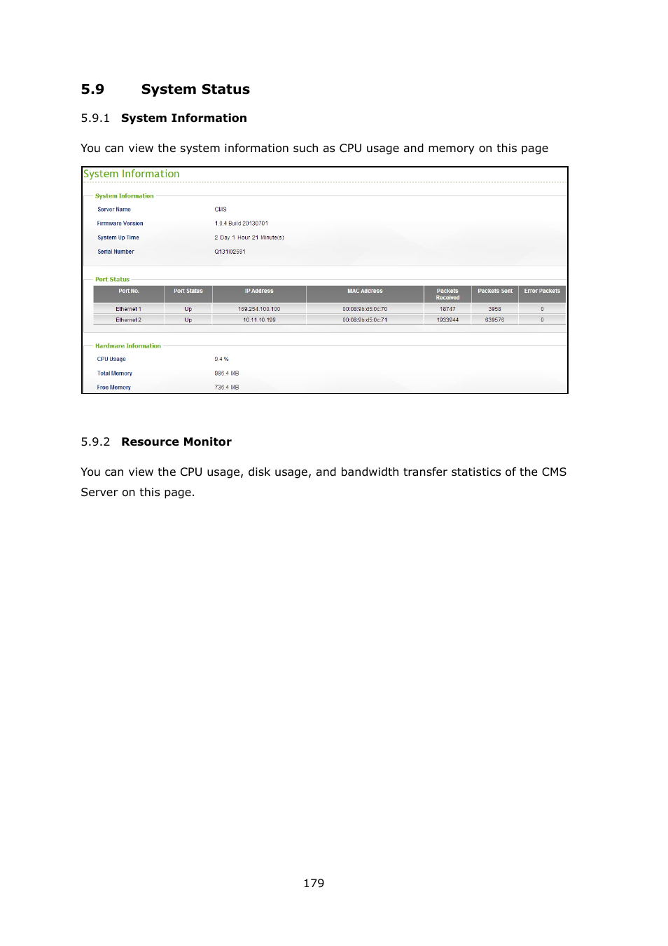 Ystem, Tatus, Nformation | Esource, Onitor | QNAP Security VioStor CMS (Version: 1.0.1) User Manual | Page 179 / 204
