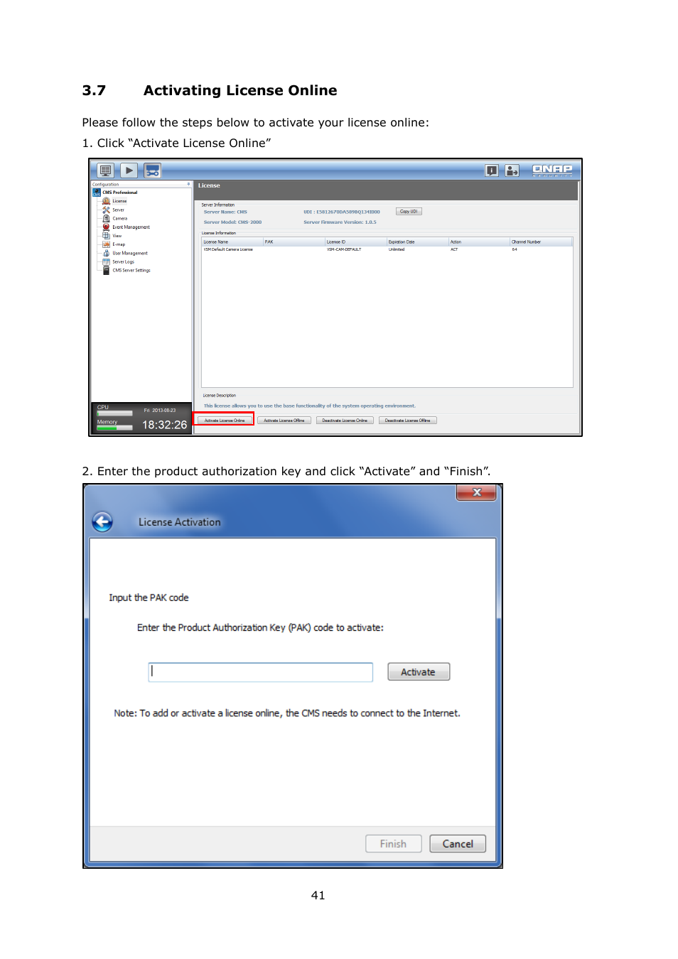 Ctivating, Icense, Nline | QNAP Security VioStor CMS (Version: 1.0.1) User Manual | Page 41 / 204