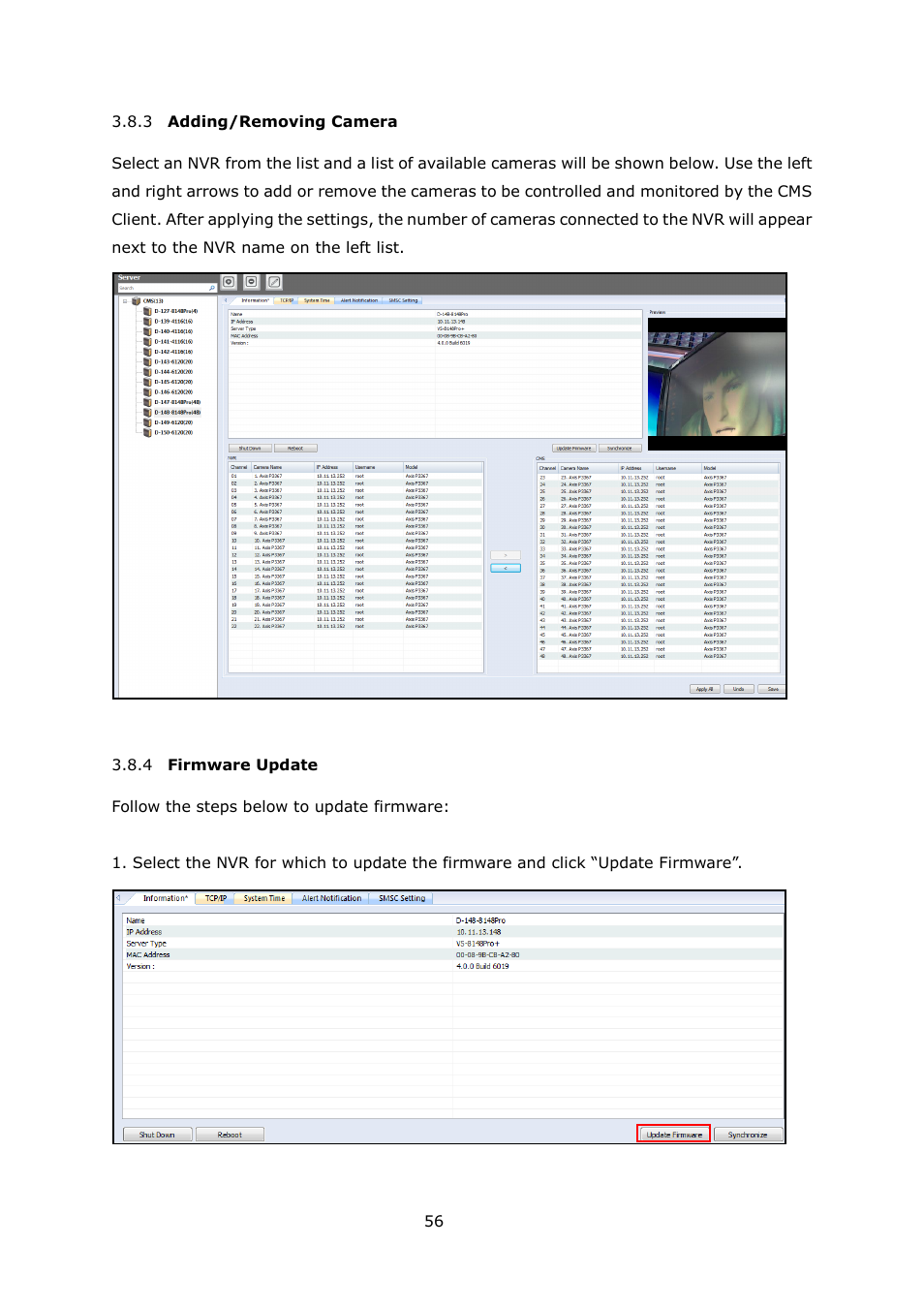 Dding, Emoving, Amera | Irmware, Pdate | QNAP Security VioStor CMS (Version: 1.0.1) User Manual | Page 56 / 204