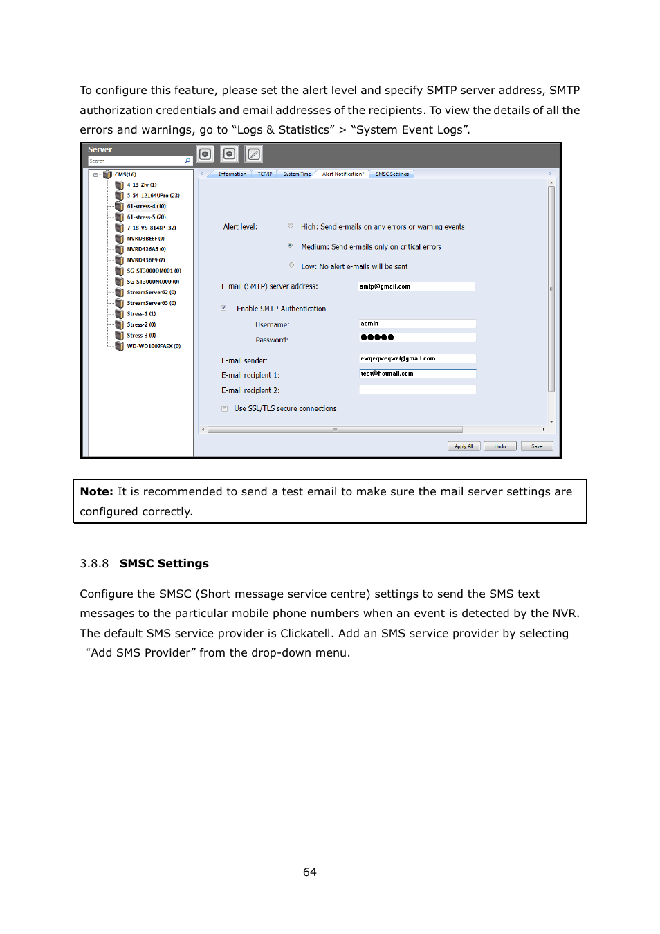 Smsc, Ettings | QNAP Security VioStor CMS (Version: 1.0.1) User Manual | Page 64 / 204