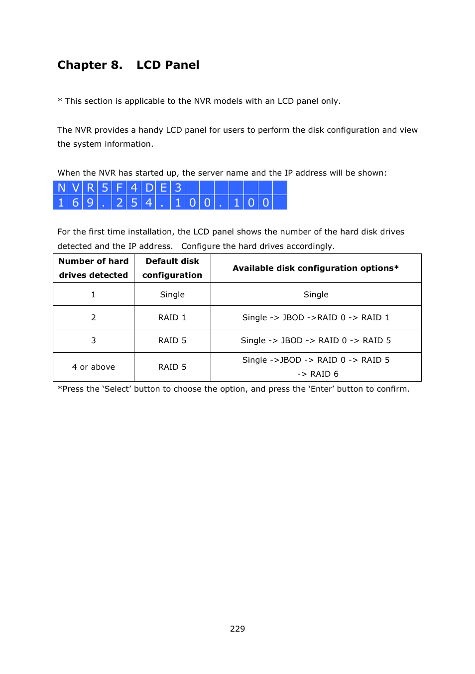 Chapter 8. lcd panel | QNAP Security VioStor NVR (Version: 4.1.2) User Manual | Page 229 / 261