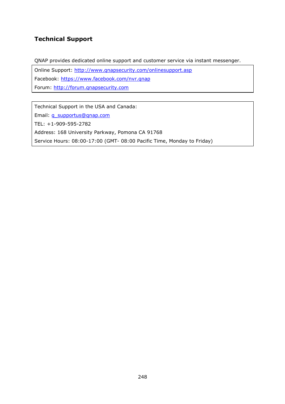 Technical support | QNAP Security VioStor NVR (Version: 4.1.2) User Manual | Page 248 / 261