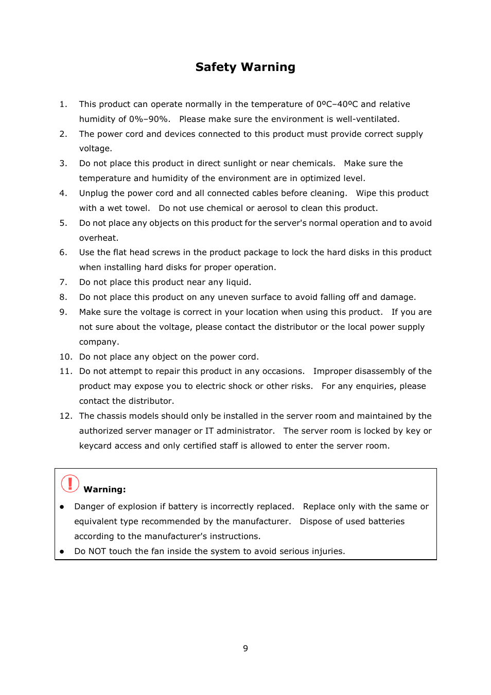 Safety warning | QNAP Security VioStor NVR (Version: 4.1.2) User Manual | Page 9 / 261