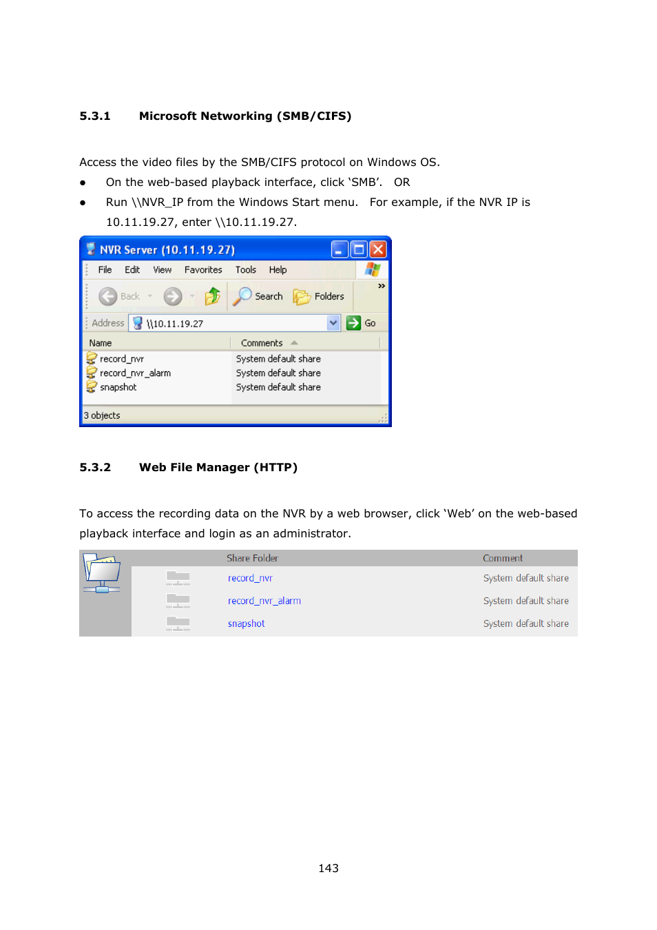 1 microsoft networking (smb/cifs), 2 web file manager (http), Microsoft networking (smb/cifs) | Web file manager (http) | QNAP Security VioStor NVR (Version: 3.5.1) User Manual | Page 143 / 264