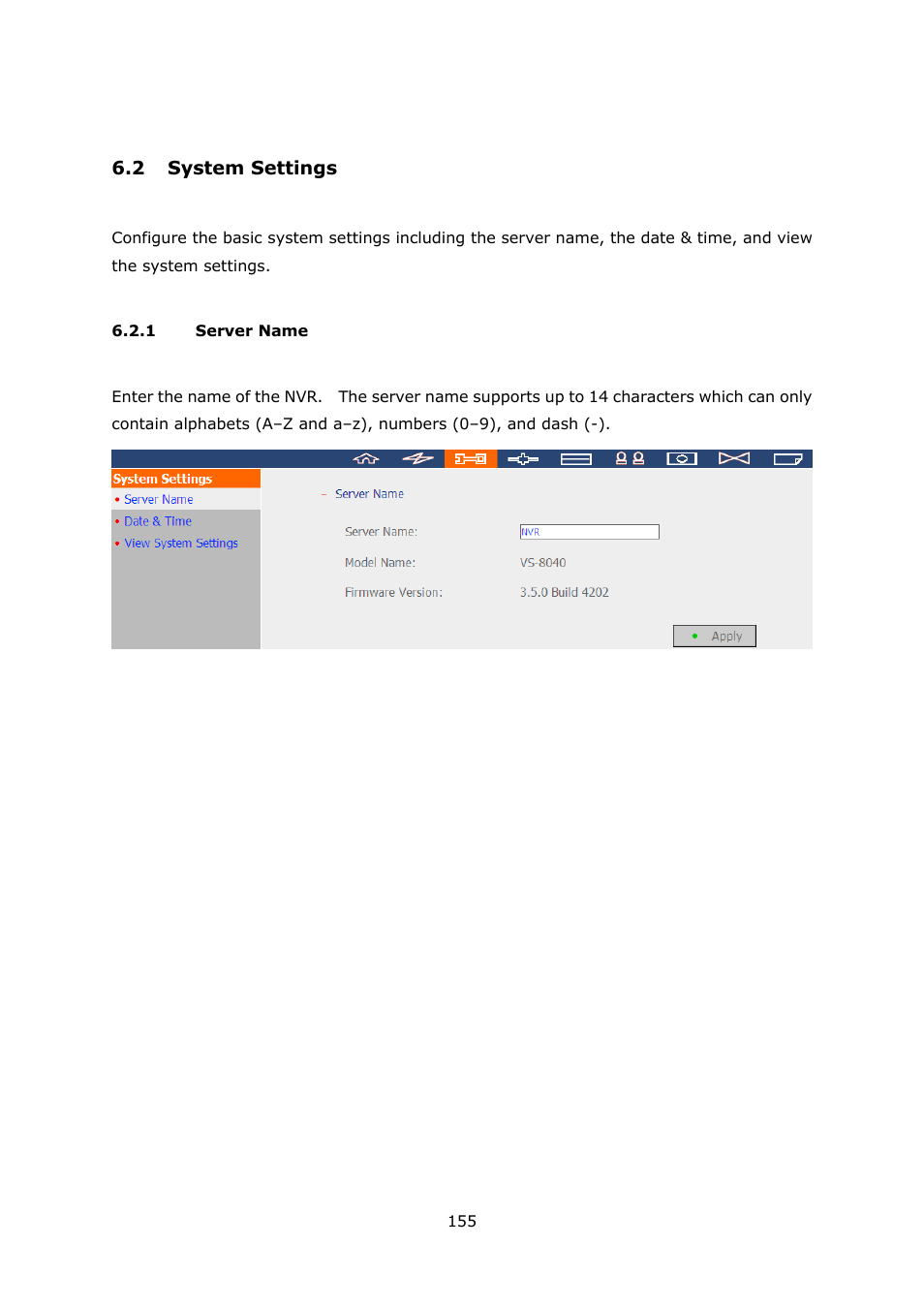 2 system settings, 1 server name, Ystem | Ettings, Server name | QNAP Security VioStor NVR (Version: 3.5.1) User Manual | Page 155 / 264