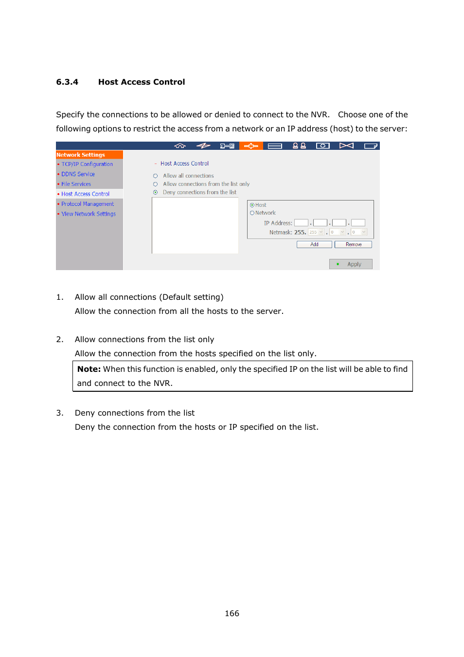4 host access control, Host access control | QNAP Security VioStor NVR (Version: 3.5.1) User Manual | Page 166 / 264