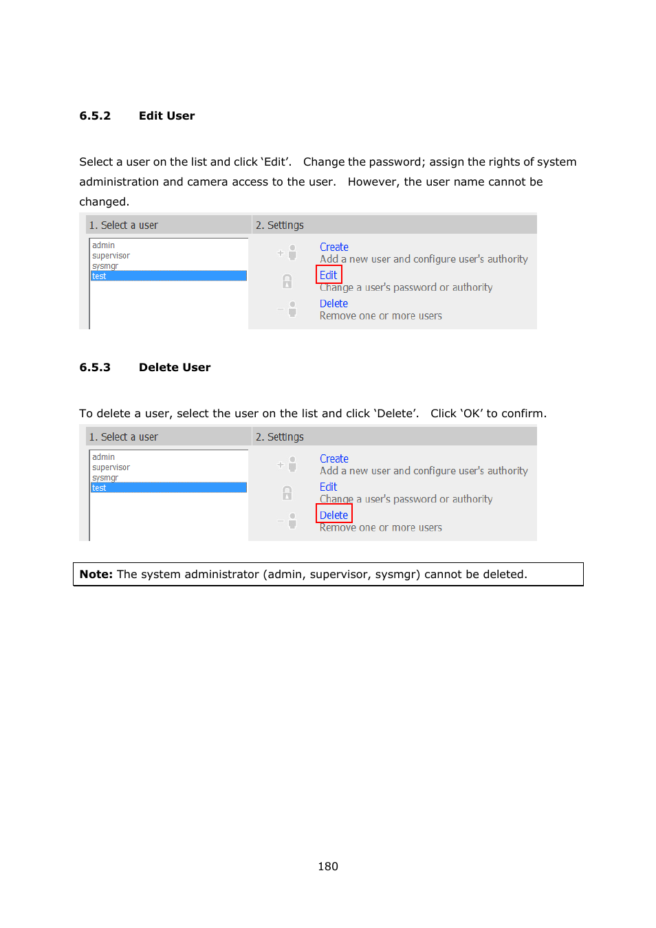 2 edit user, 3 delete user, Edit user | Delete user | QNAP Security VioStor NVR (Version: 3.5.1) User Manual | Page 180 / 264
