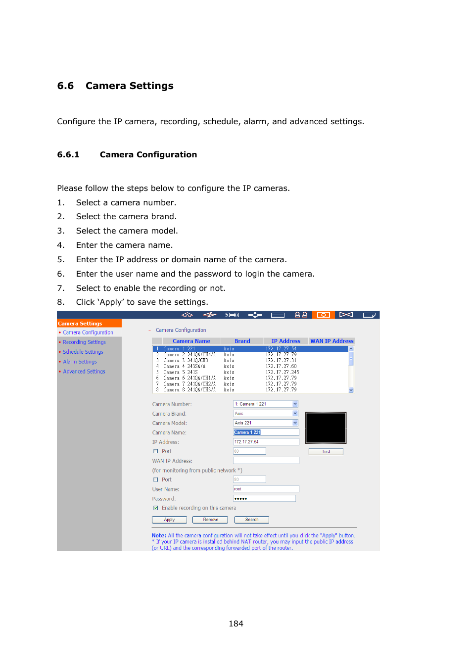 6 camera settings, 1 camera configuration, Amera | Ettings, Camera configuration | QNAP Security VioStor NVR (Version: 3.5.1) User Manual | Page 184 / 264