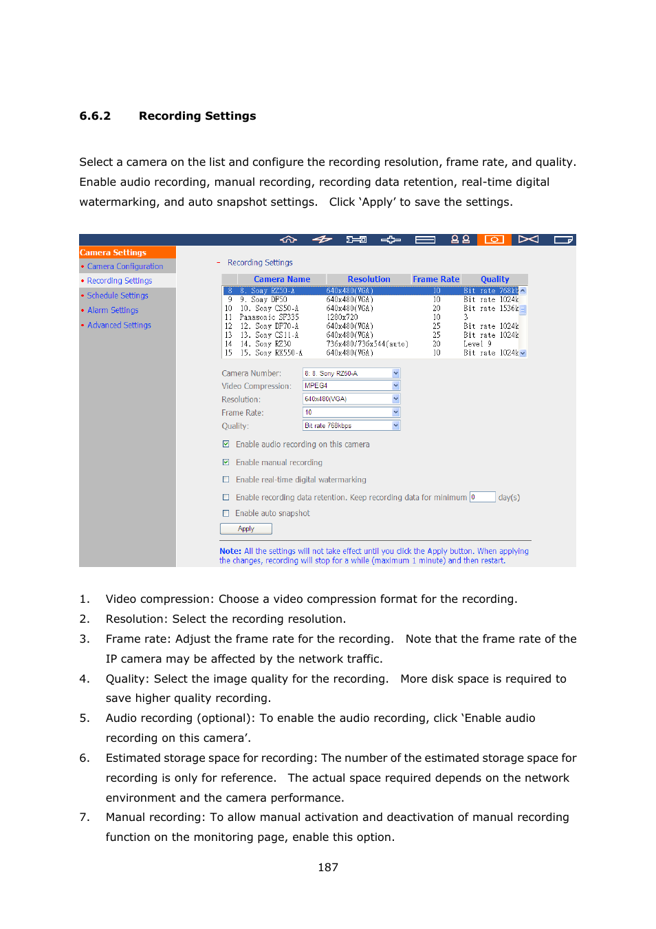 2 recording settings, Recording settings | QNAP Security VioStor NVR (Version: 3.5.1) User Manual | Page 187 / 264