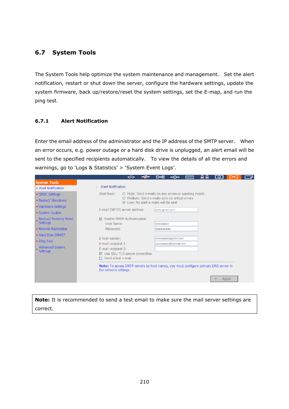 7 system tools, 1 alert notification, Ystem | Ools, Alert notification | QNAP Security VioStor NVR (Version: 3.5.1) User Manual | Page 210 / 264