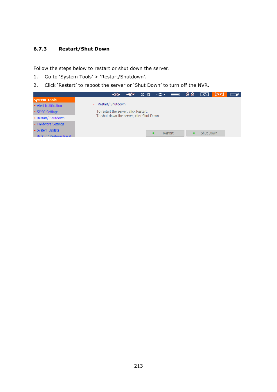 3 restart/shut down, Restart/shut down | QNAP Security VioStor NVR (Version: 3.5.1) User Manual | Page 213 / 264