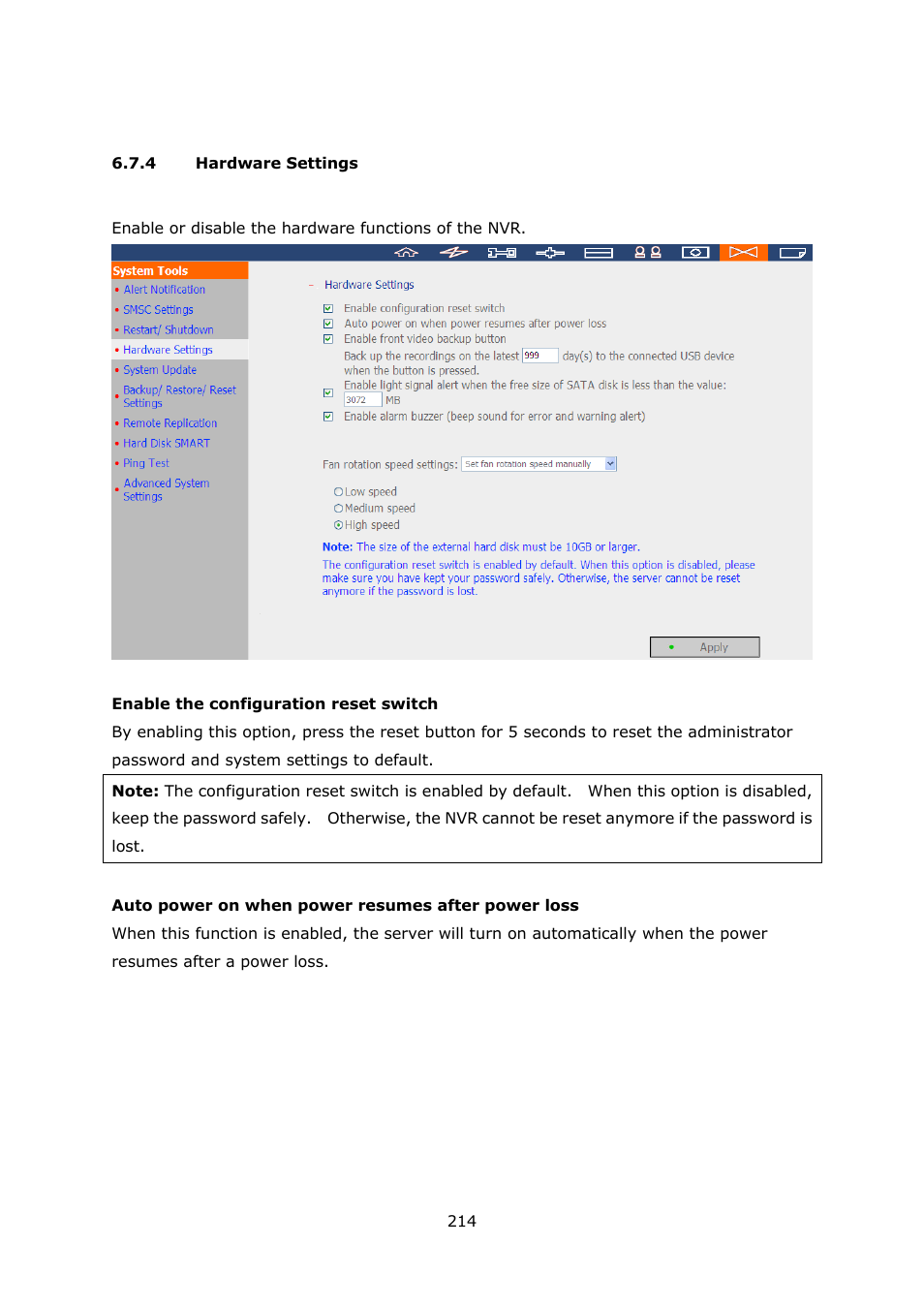 4 hardware settings, Hardware settings | QNAP Security VioStor NVR (Version: 3.5.1) User Manual | Page 214 / 264
