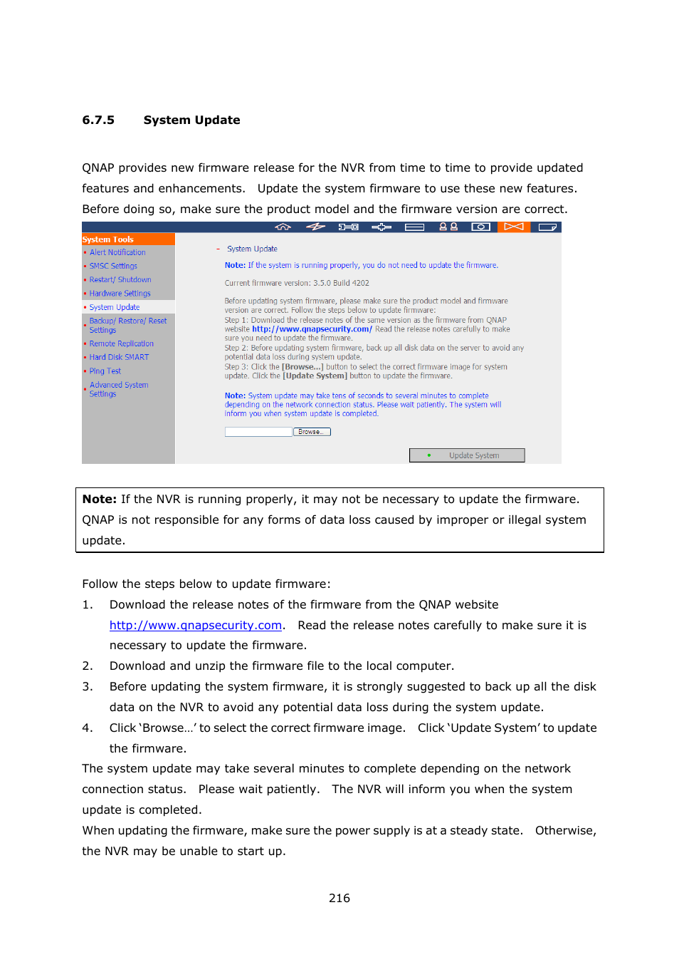 5 system update, System update | QNAP Security VioStor NVR (Version: 3.5.1) User Manual | Page 216 / 264