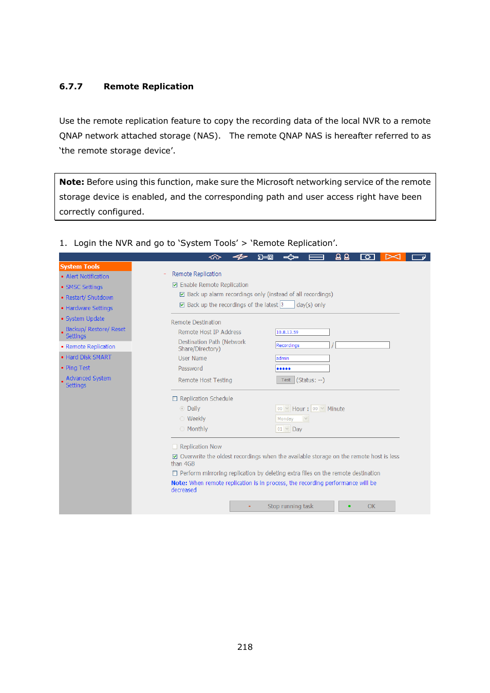 7 remote replication, Remote replication | QNAP Security VioStor NVR (Version: 3.5.1) User Manual | Page 218 / 264