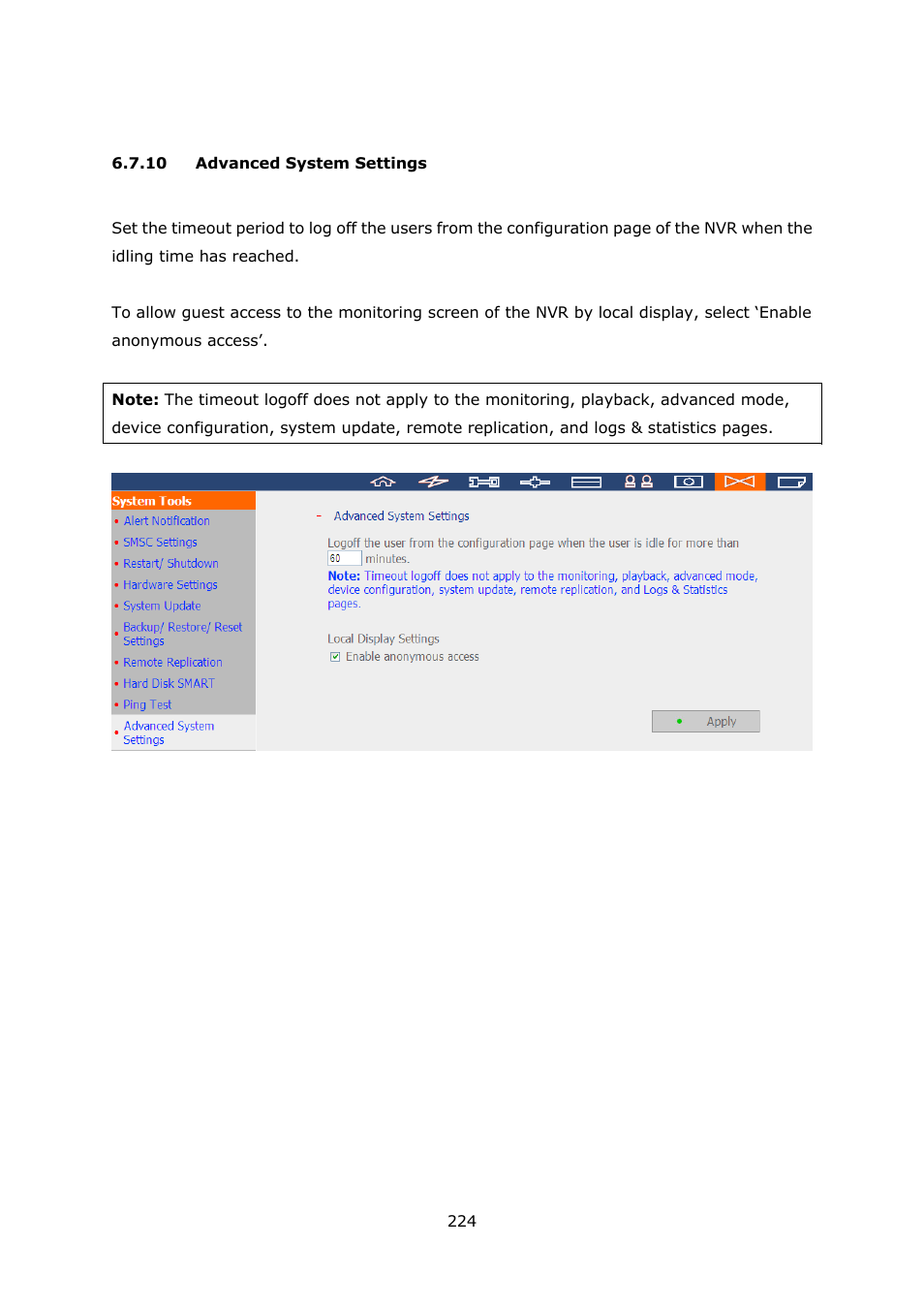 10 advanced system settings, Advanced system settings | QNAP Security VioStor NVR (Version: 3.5.1) User Manual | Page 224 / 264