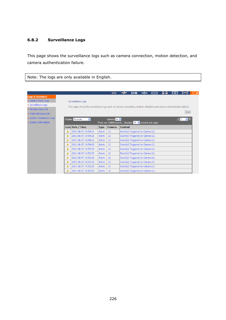 2 surveillance logs, Surveillance logs | QNAP Security VioStor NVR (Version: 3.5.1) User Manual | Page 226 / 264