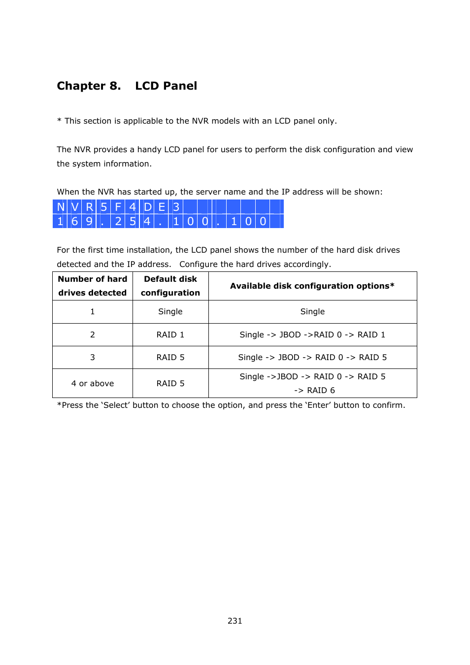 Chapter 8. lcd panel, Chapter 8, Lcd panel | QNAP Security VioStor NVR (Version: 3.5.1) User Manual | Page 231 / 264