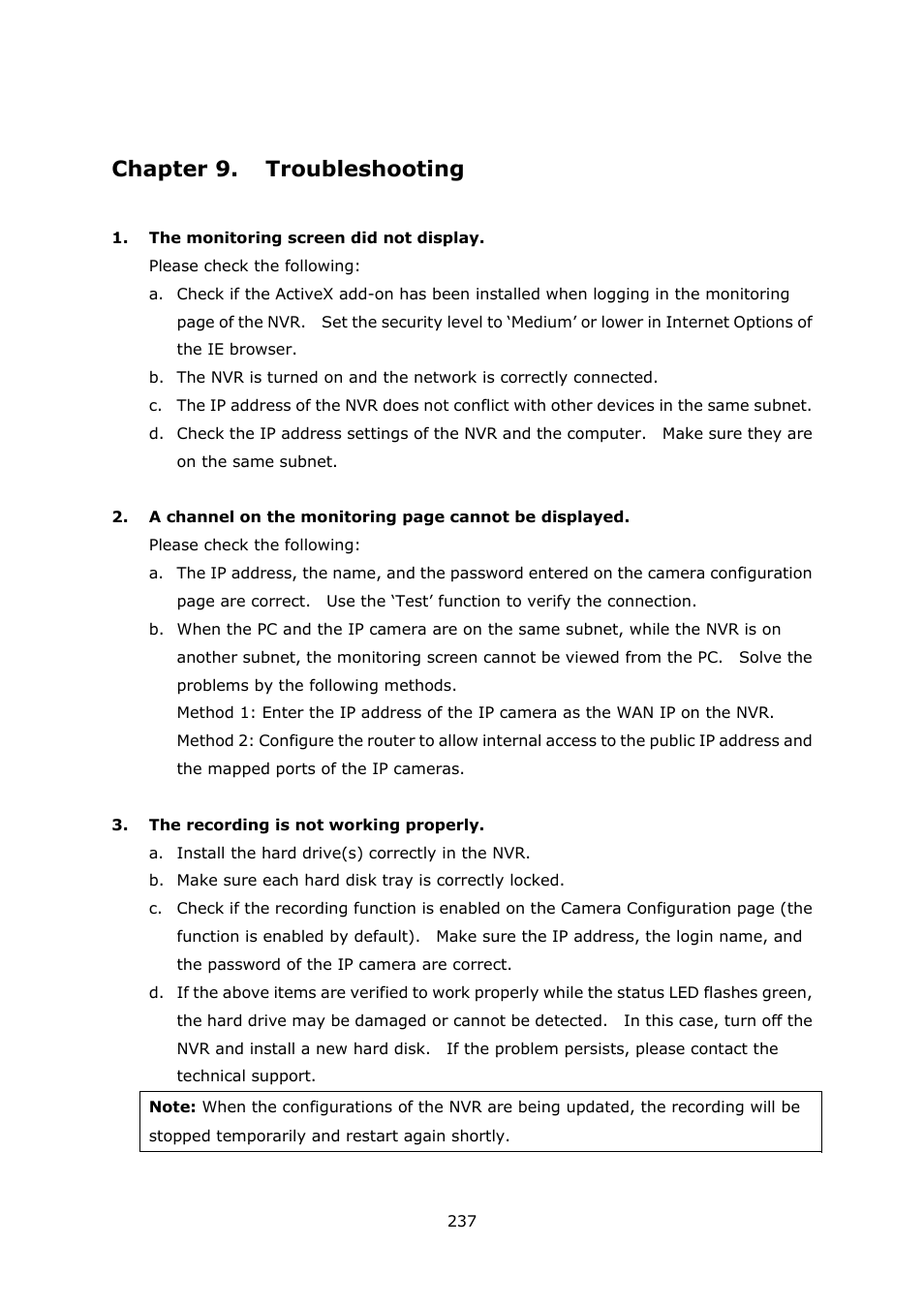 Chapter 9. troubleshooting, Chapter 9, Troubleshooting | QNAP Security VioStor NVR (Version: 3.5.1) User Manual | Page 237 / 264