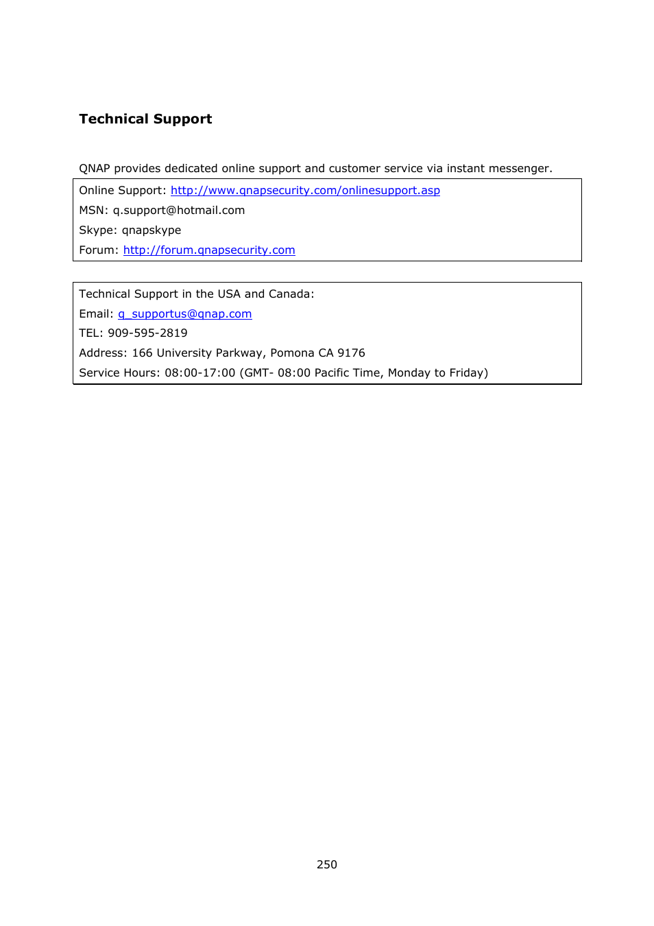 Technical support | QNAP Security VioStor NVR (Version: 3.5.1) User Manual | Page 250 / 264