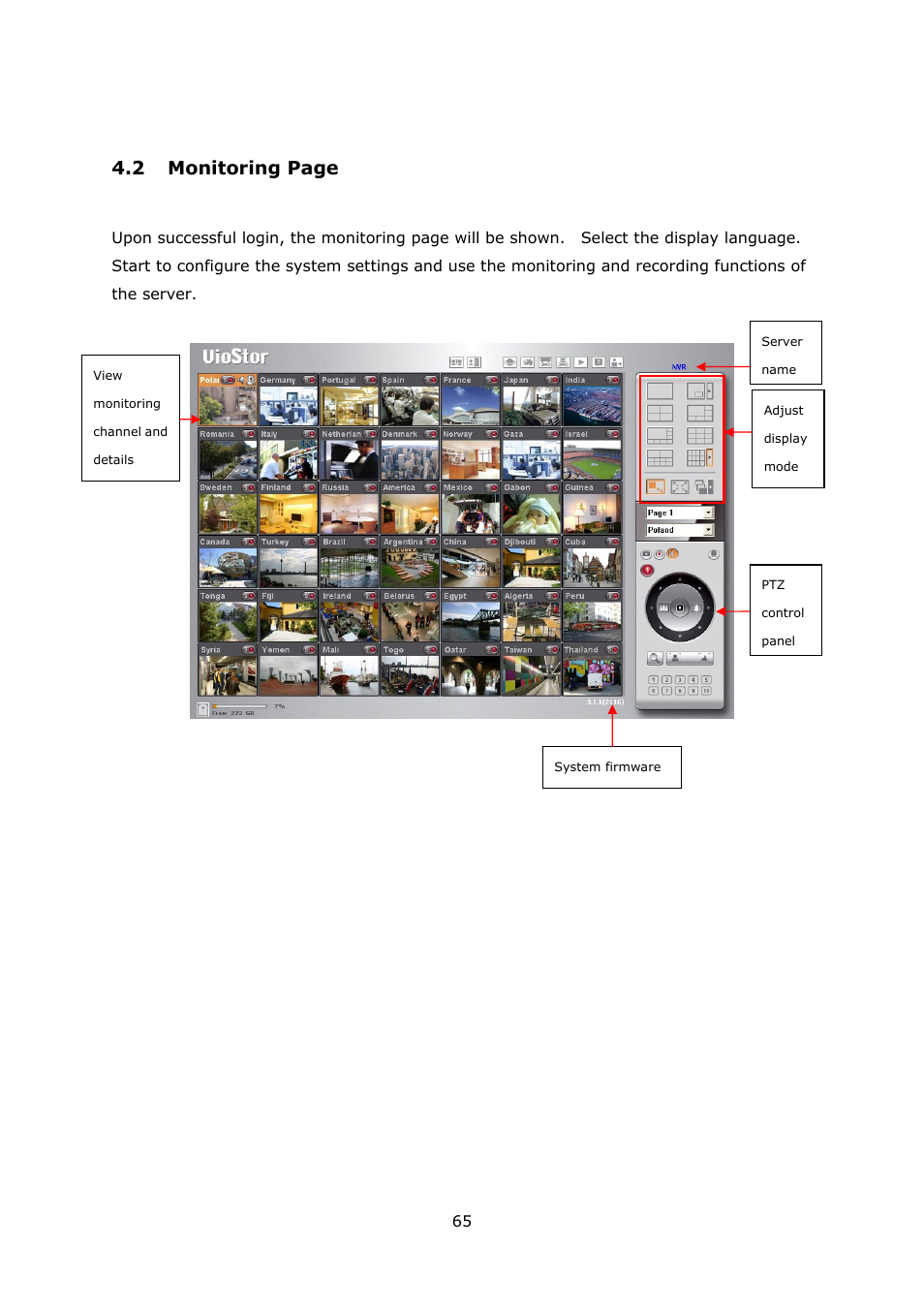 Onitoring, 2 monitoring page | QNAP Security VioStor NVR (Version: 3.5.1) User Manual | Page 65 / 264