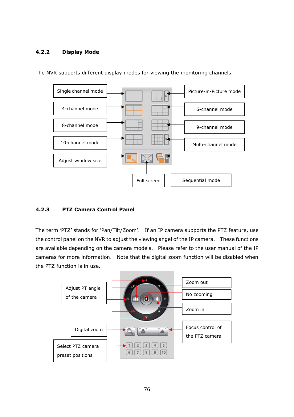 2 display mode, 3 ptz camera control panel, Display mode | Ptz camera control panel | QNAP Security VioStor NVR (Version: 3.5.1) User Manual | Page 76 / 264