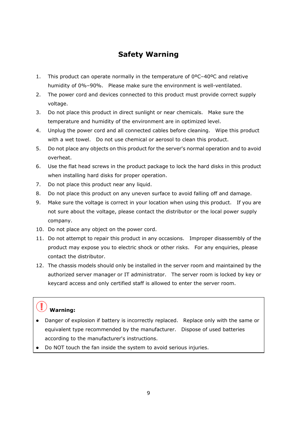 Safety warning | QNAP Security VioStor NVR (Version: 3.5.1) User Manual | Page 9 / 264