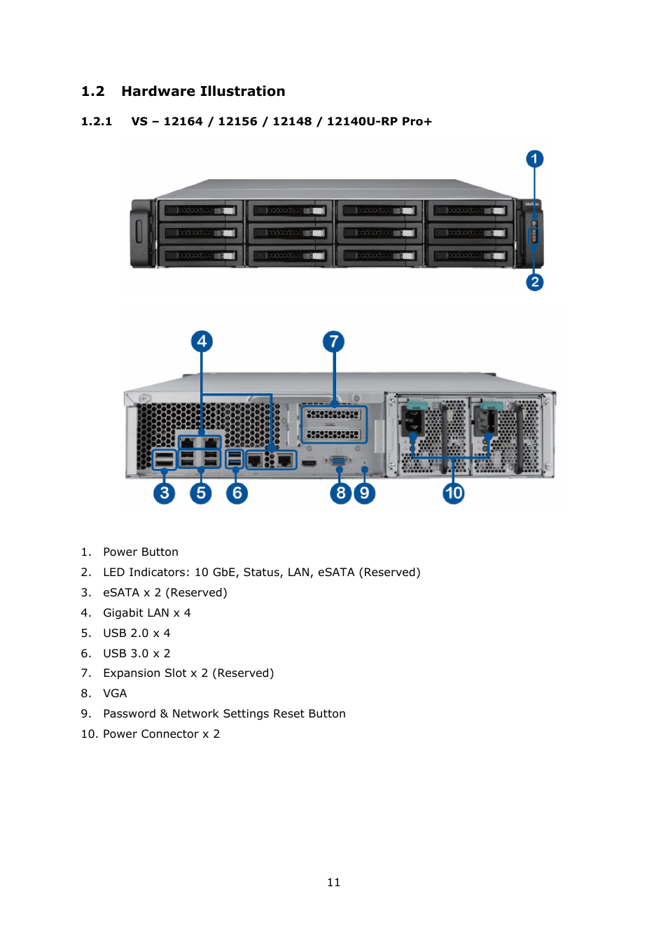 2 hardware illustration, 1 vs – 12164 / 12156 / 12148 / 12140u-rp pro, Ardware | Llustration, Vs – 12164, 12140u-rp pro | QNAP Security VioStor NVR (Version: 4.1.1) User Manual | Page 11 / 260
