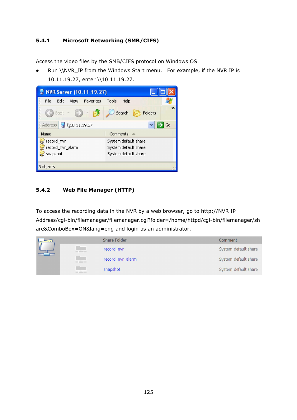 1 microsoft networking (smb/cifs), 2 web file manager (http), Microsoft networking (smb/cifs) | Web file manager (http) | QNAP Security VioStor NVR (Version: 4.1.1) User Manual | Page 125 / 260